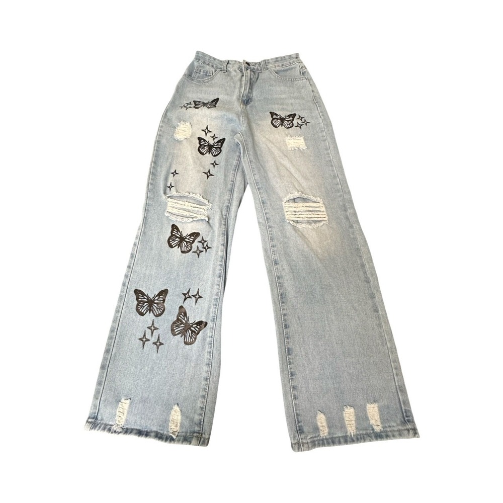 SHEIN Jeans Women M Light Blue Butterfly‎ Distressed Wide Leg Y2K Streetwear